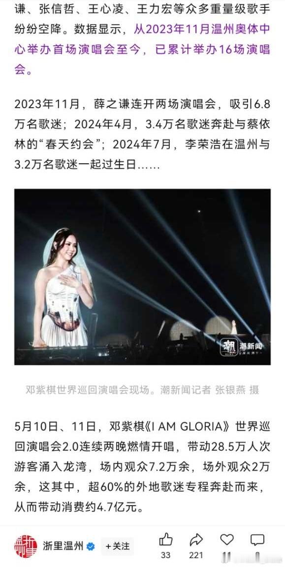 据当地官媒报道，邓紫棋温州演唱会两场共计动员超7.2万人次进场，场外观众高达2万