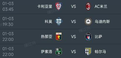 北京时间1月3日，明天意甲第18轮开打，安排了4场比赛，赛程如下：

第一场03