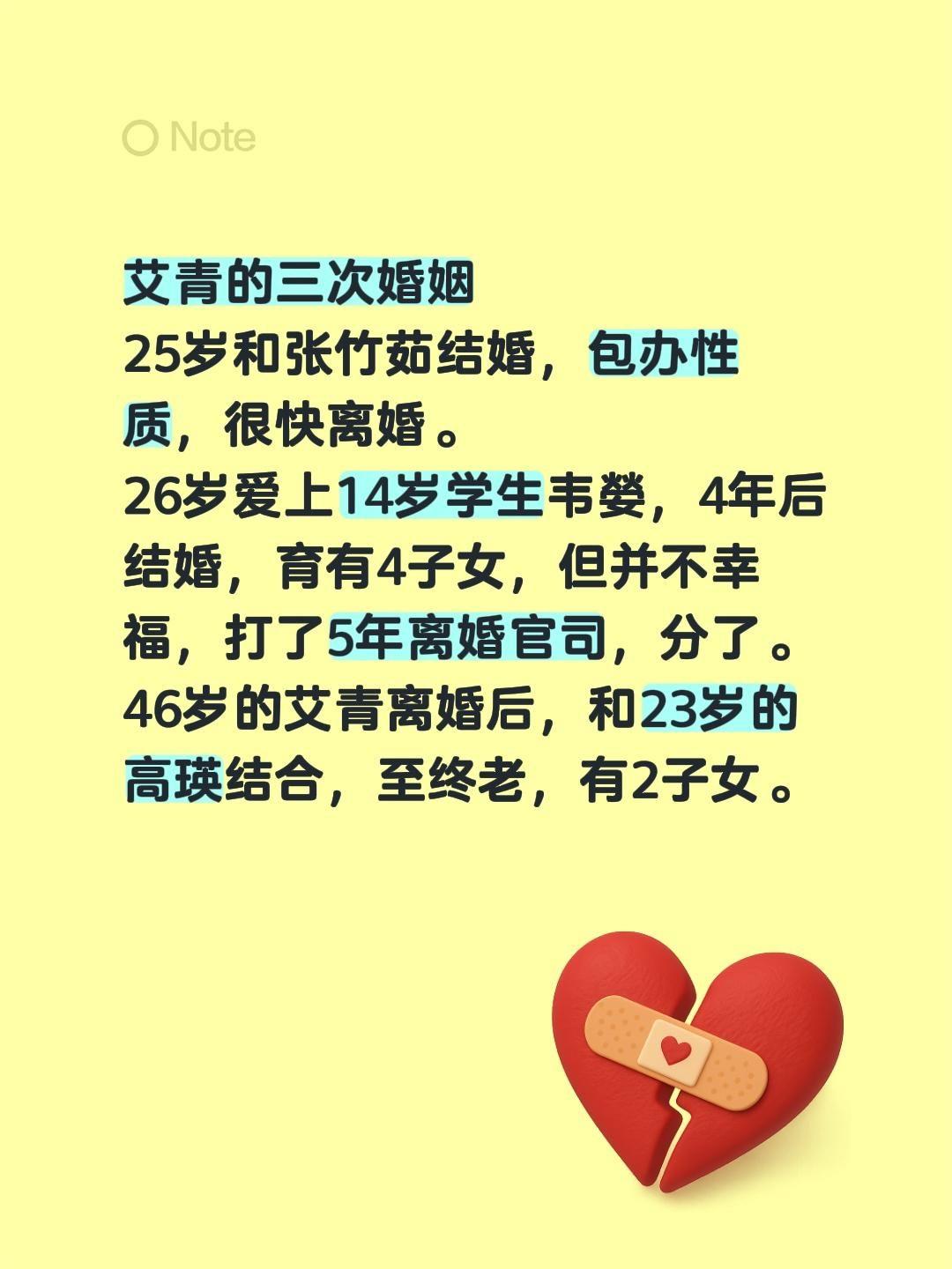 艾青的三次婚姻
25岁和张竹茹结婚，包办性质，很快离婚。
26岁爱上14岁学生韦