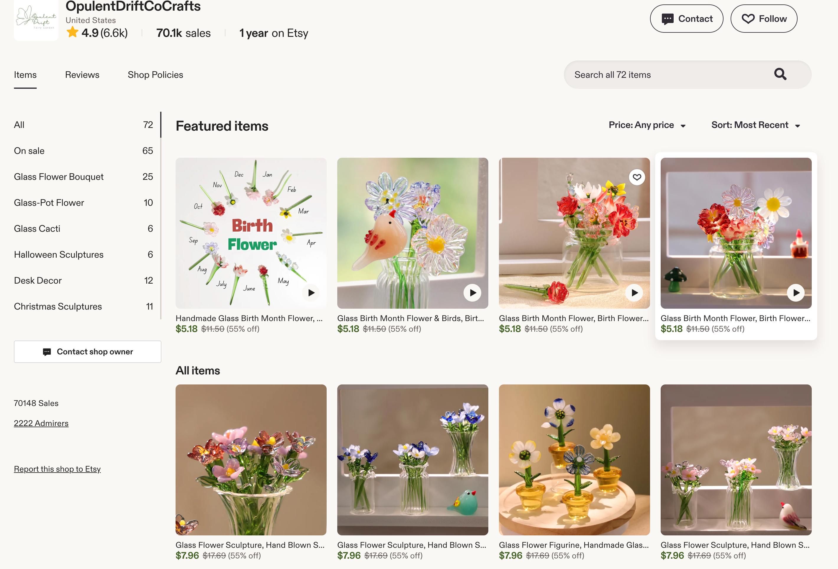 Etsy上有一家叫OpulentDriftCoCrafts网页链接主营手工玻璃花