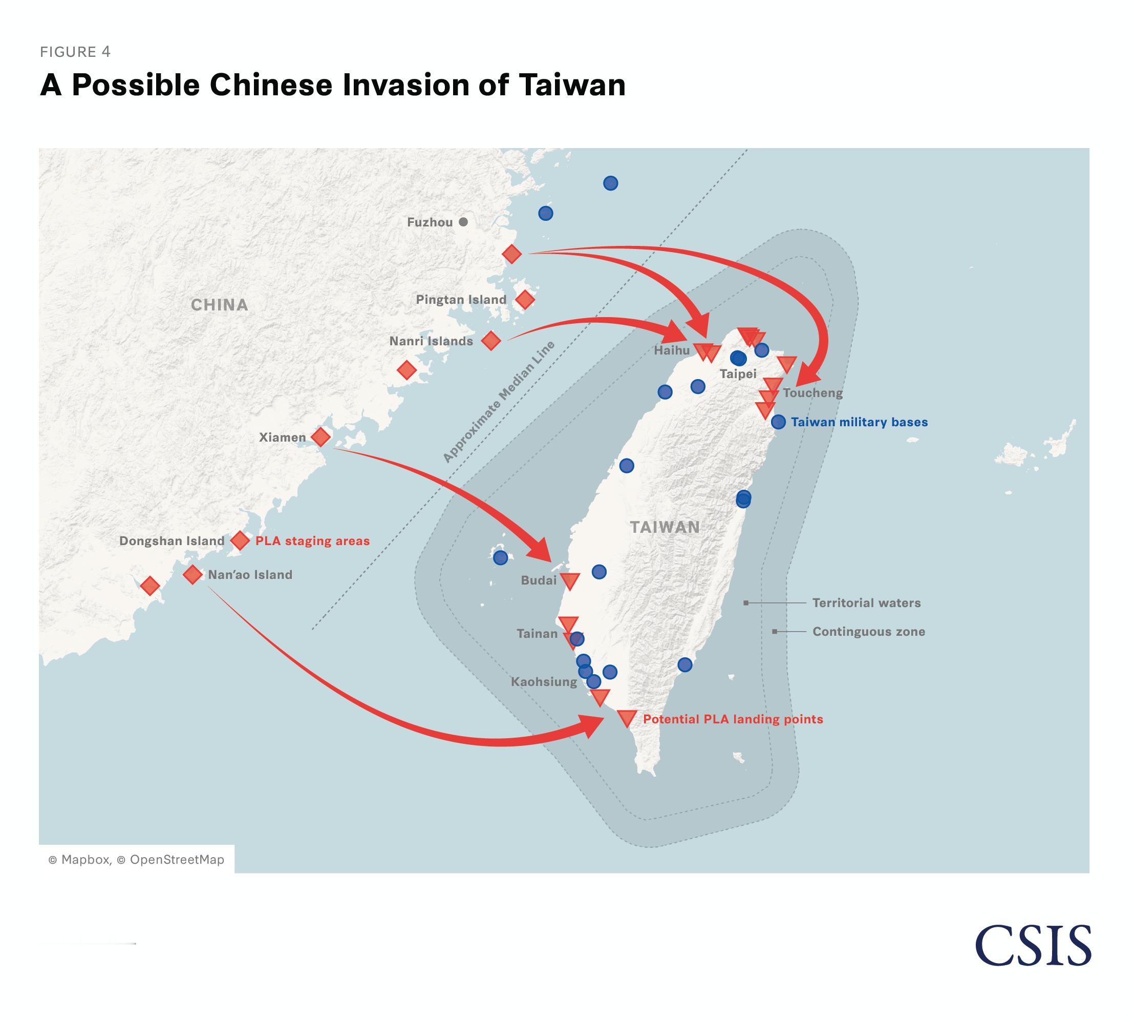 CSIS发布的文章配图称：在“地狱景观”的情况下，解放军可能通过两栖登陆、空袭、