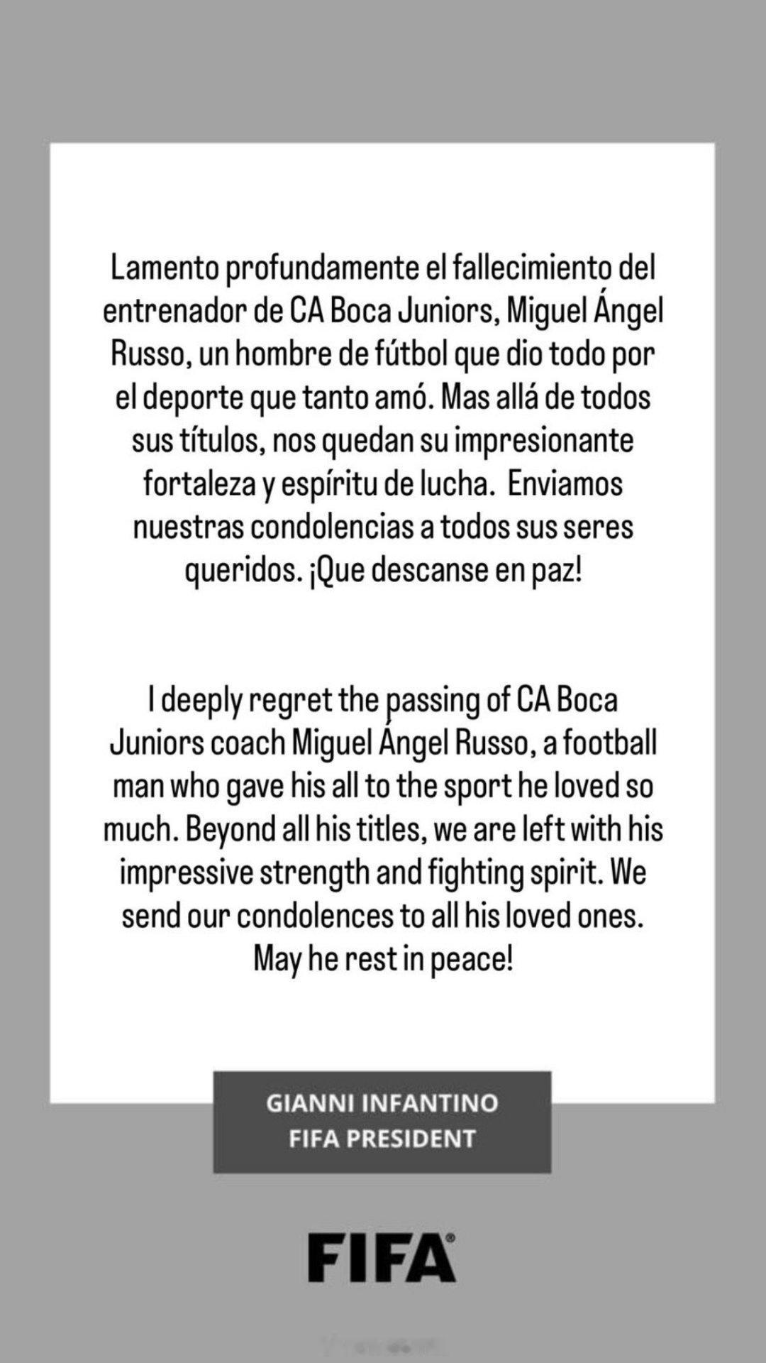 博卡主帅去世 国际足联主席詹尼·因凡蒂诺在博卡主帅米格尔·安赫尔·鲁索去世后发表