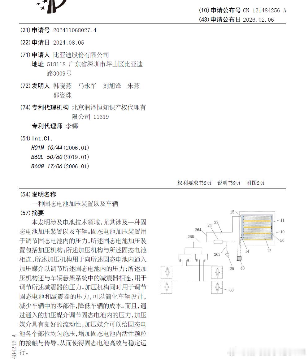 技术巡猎  比亚迪  固态电池的压力调节系统、储能设备和车辆---记得我说的啊，