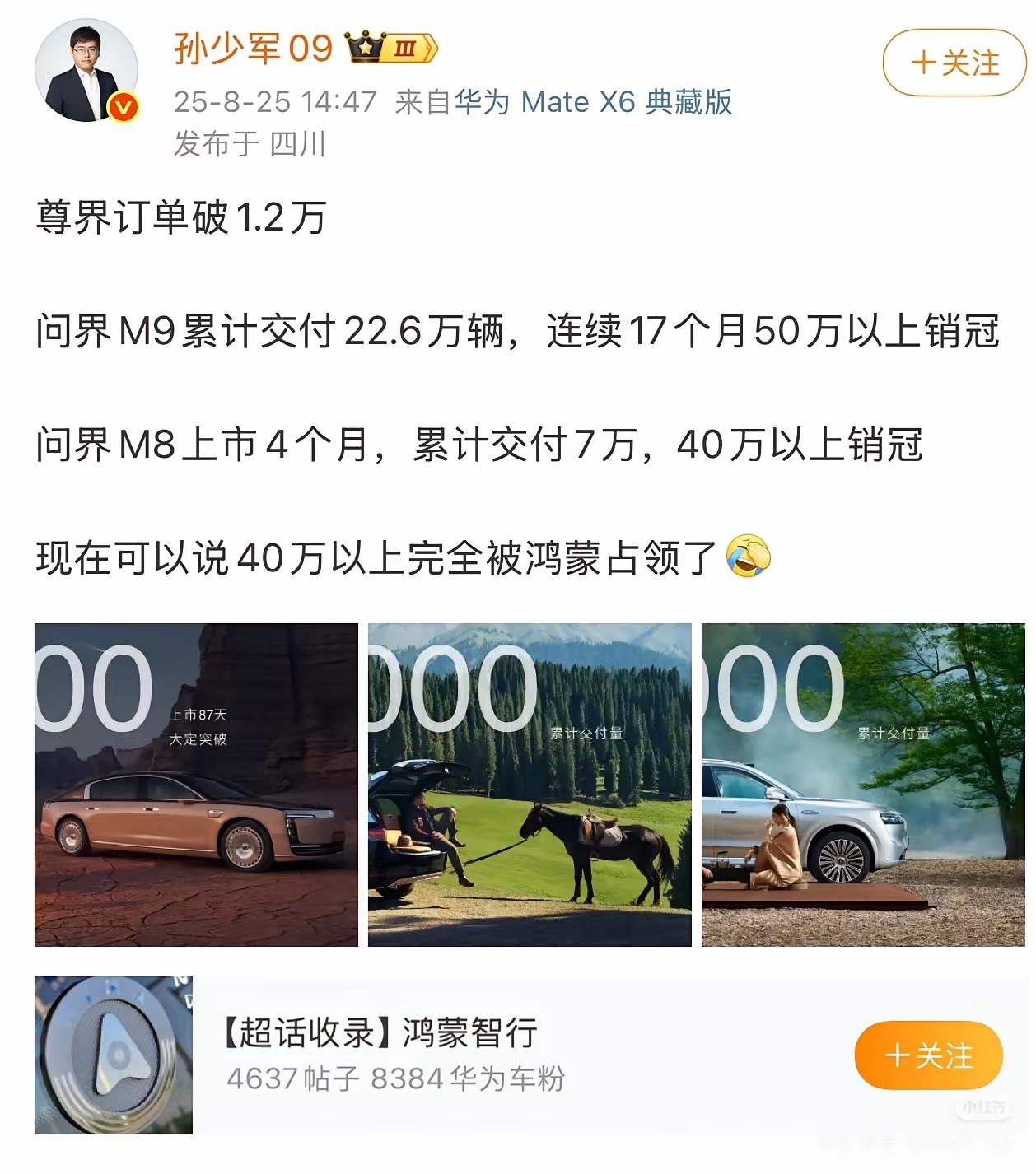 最近看车企销量榜，华为系的成绩有点让人咋舌。
 
40万以上的市场，基本被华为承