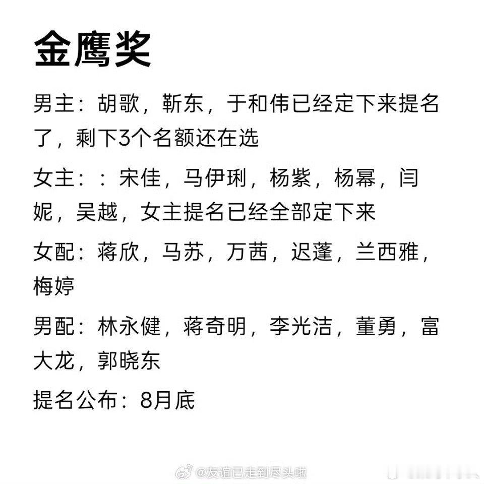 网传金鹰奖八月底公布提名网传金鹰奖八月底才公布提名，名单应该不会这么早出来吧曝金