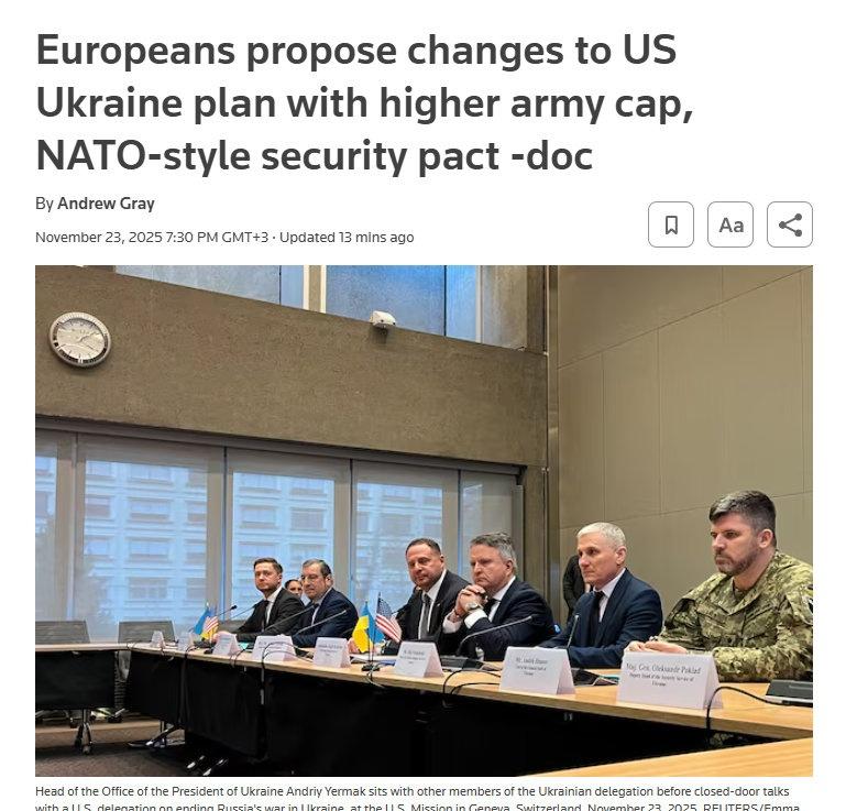 路透社报道：日内瓦谈判上，欧洲提出的“修改意见”，主要是1.领土问题，以目前战线