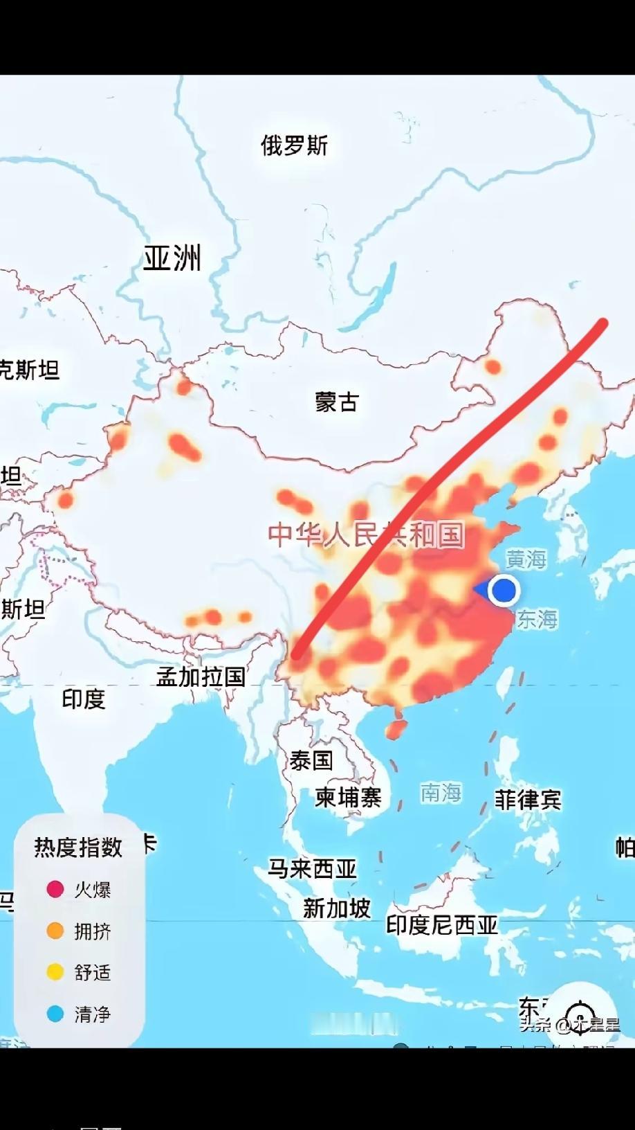 国庆热度指数线与胡焕庸线
         从今年国庆热度指数图可以看出，国庆期