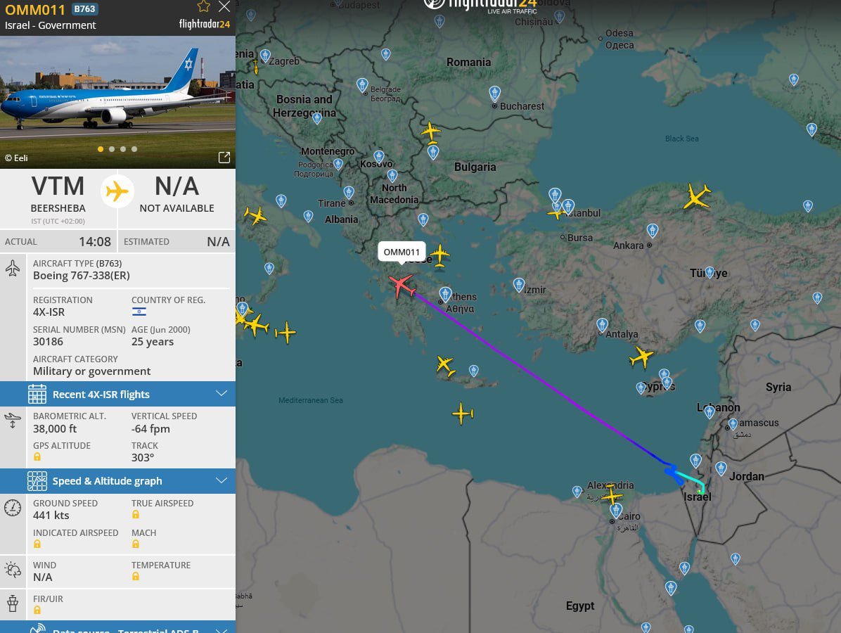 内塔尼亚胡的专机“锡安之翼”现已起飞，正飞越希腊上空。此前该飞机在以色列海岸附近