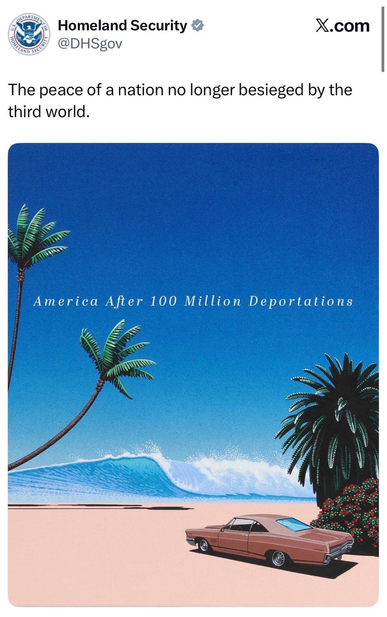 美国国土安全部提出驱逐一亿人（截至2024年底，美国人口总数3.4亿）：

支持