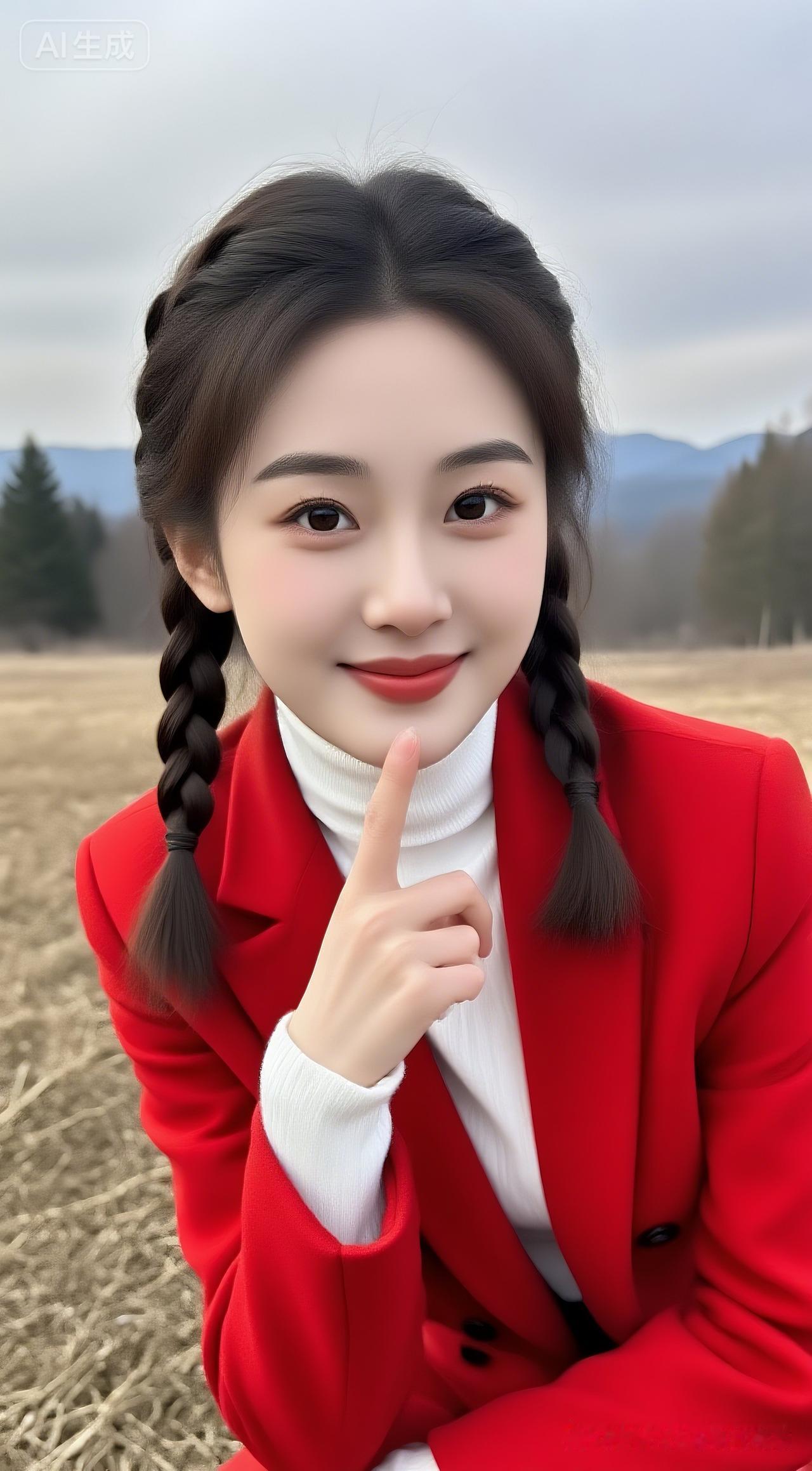 入冬田野间，冷白皮少女梳双辫，白打底外搭红西服，蹲姿娇俏，指抵下巴浅笑，高鼻梁大