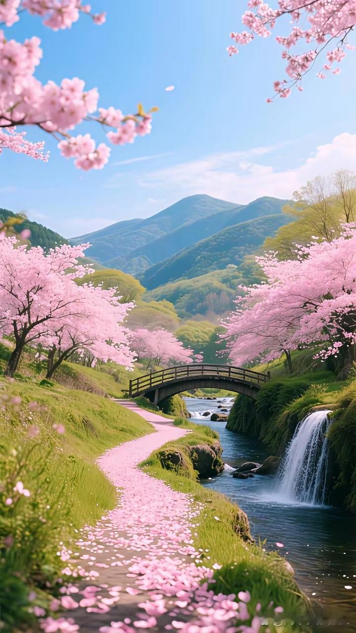 小桥流水桃花艳，
立地顶天翠竹青。
横批：《桃花与翠竹》