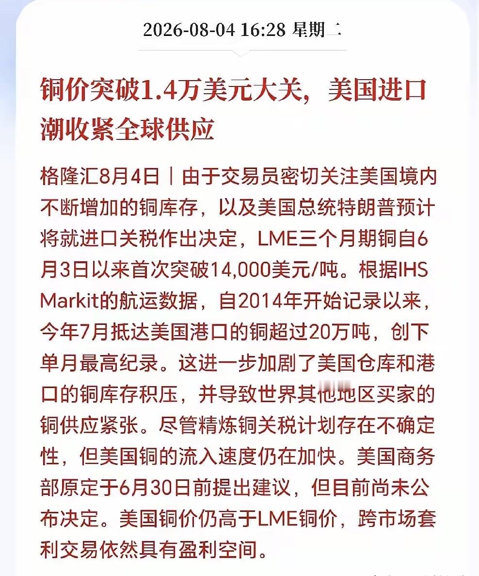 铜接下来可能要疯狂了！
最近全球铜市场发生了一件极其诡异的事：美国正在疯狂囤铜，