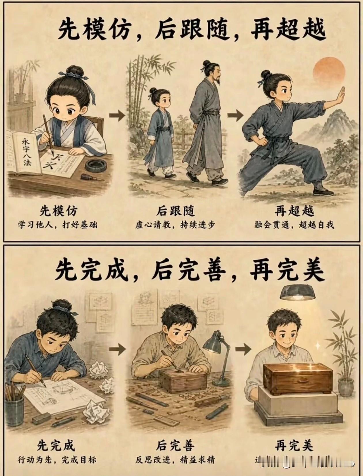 先模仿后跟随再超越
先完成后完善再完美