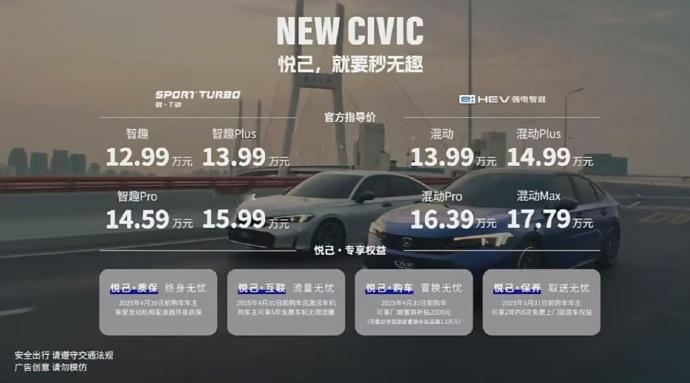 新款思域震撼登场，12.99 万起售，调整前脸设计，两厢三厢均有，2024 年销