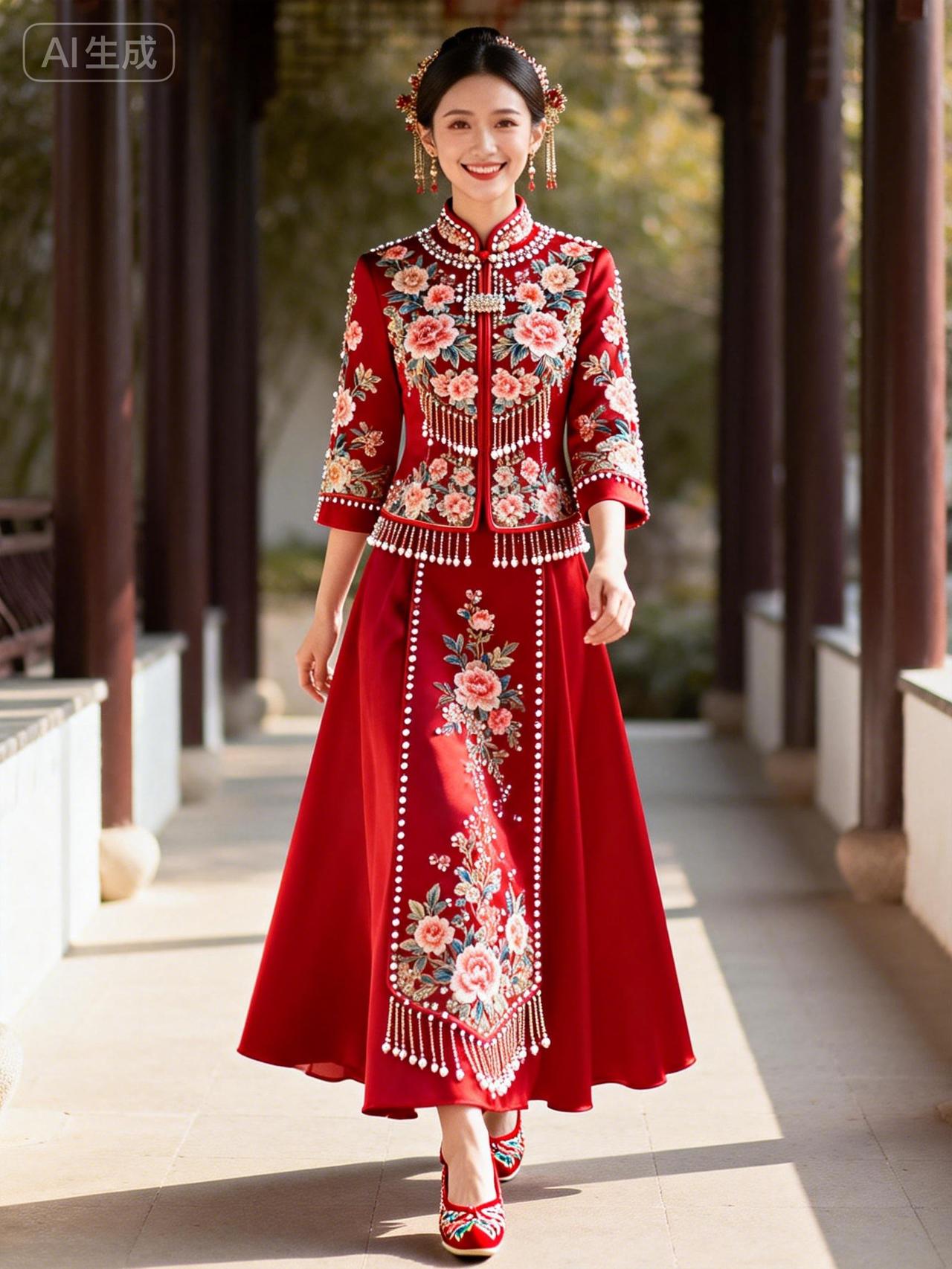 优雅红裙，步履生姿，传统与现代的完美融合。