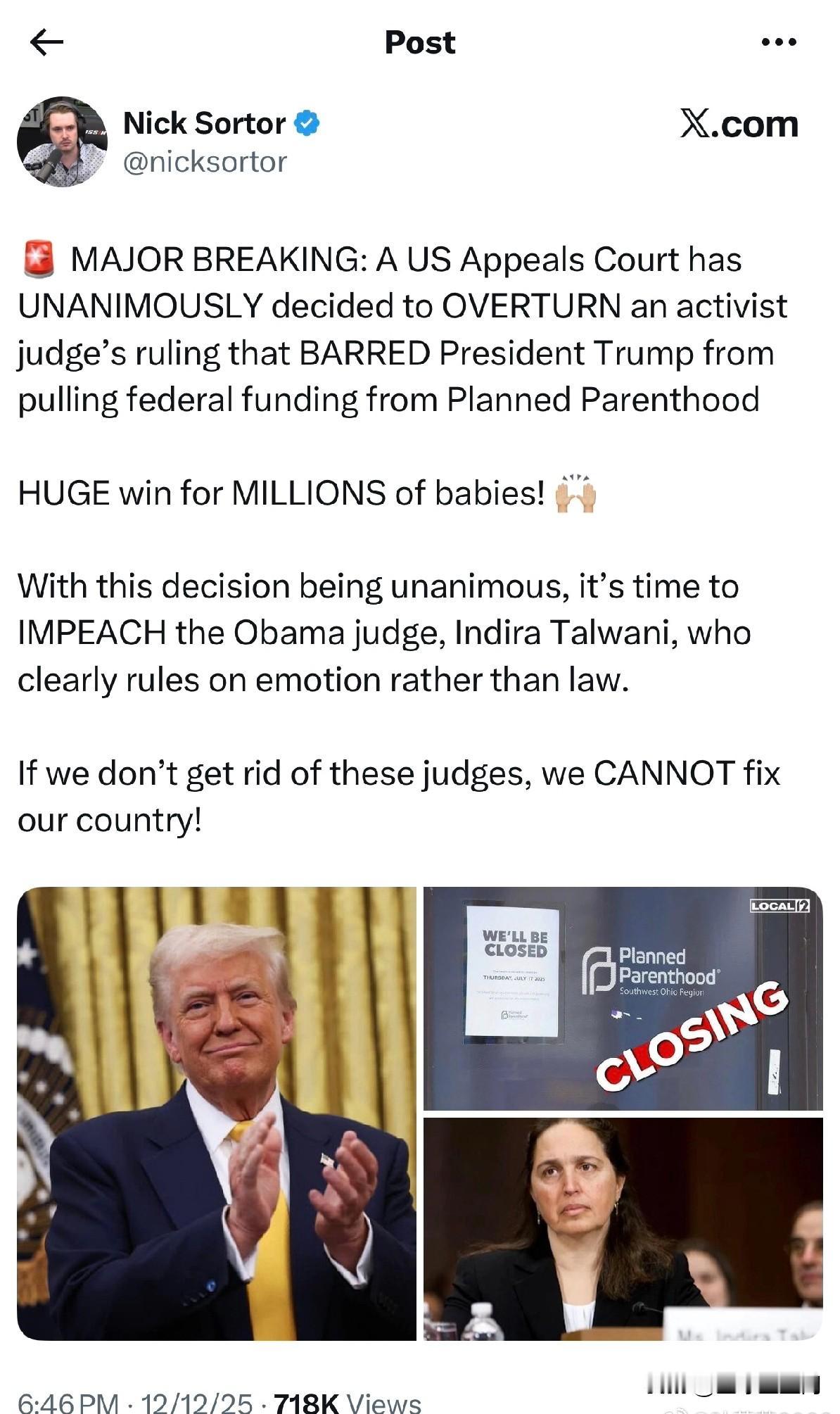 尼克·索托：
突发消息：美国上诉法院一致裁定推翻一名激进派法官的裁决，该裁决此前