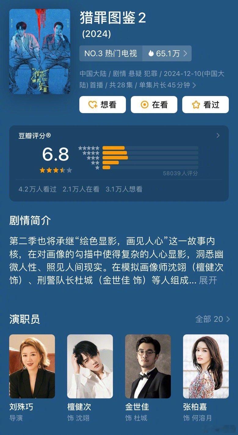 檀健次、金世家主演的猎罪图鉴2豆瓣开分6.8孟子义、李昀锐主演的九重紫豆瓣开分7