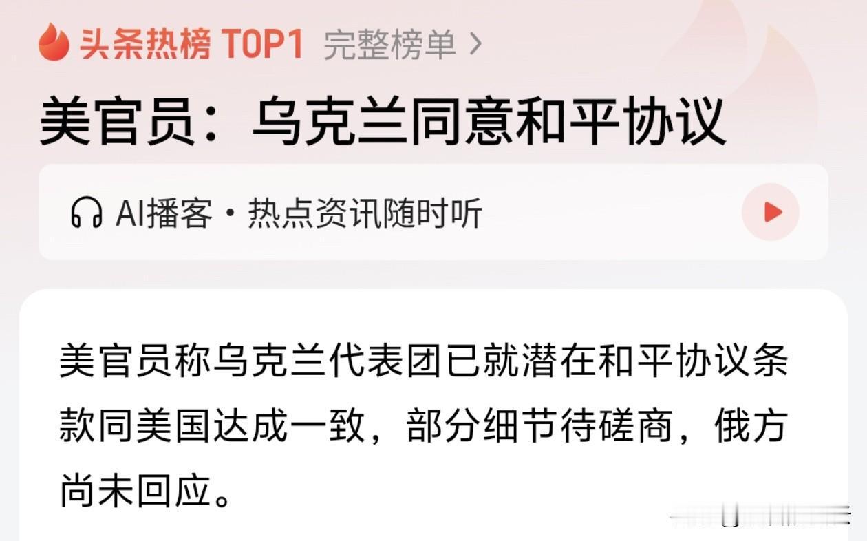 一位美国官员对外透露：乌克兰代表团已原则上同意美方提出的和平协议条款。这意味着持