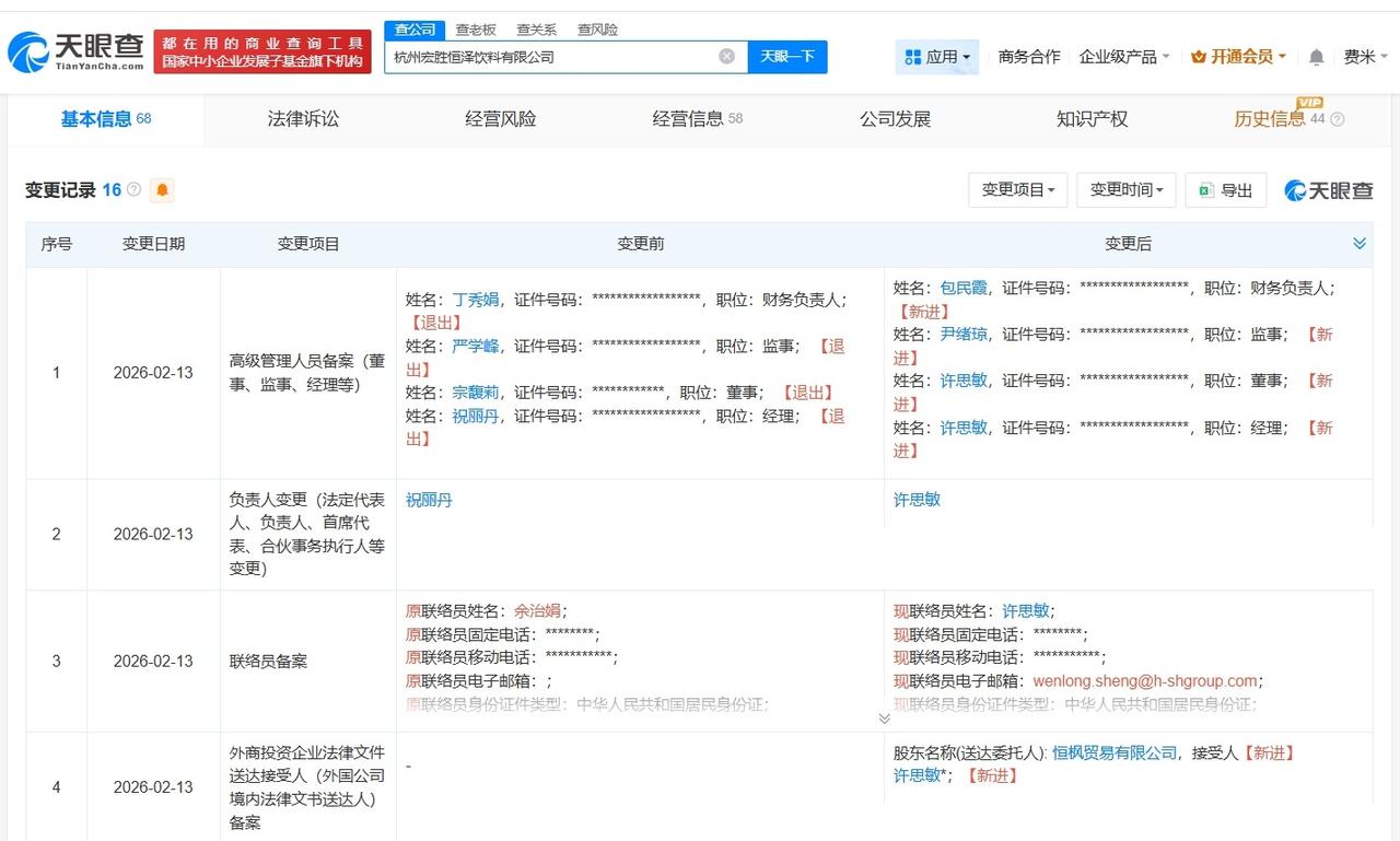 许思敏接手杭州宏胜恒泽饮料公司 宗馥莉退出
天眼查App显示，近日，杭州宏胜恒泽