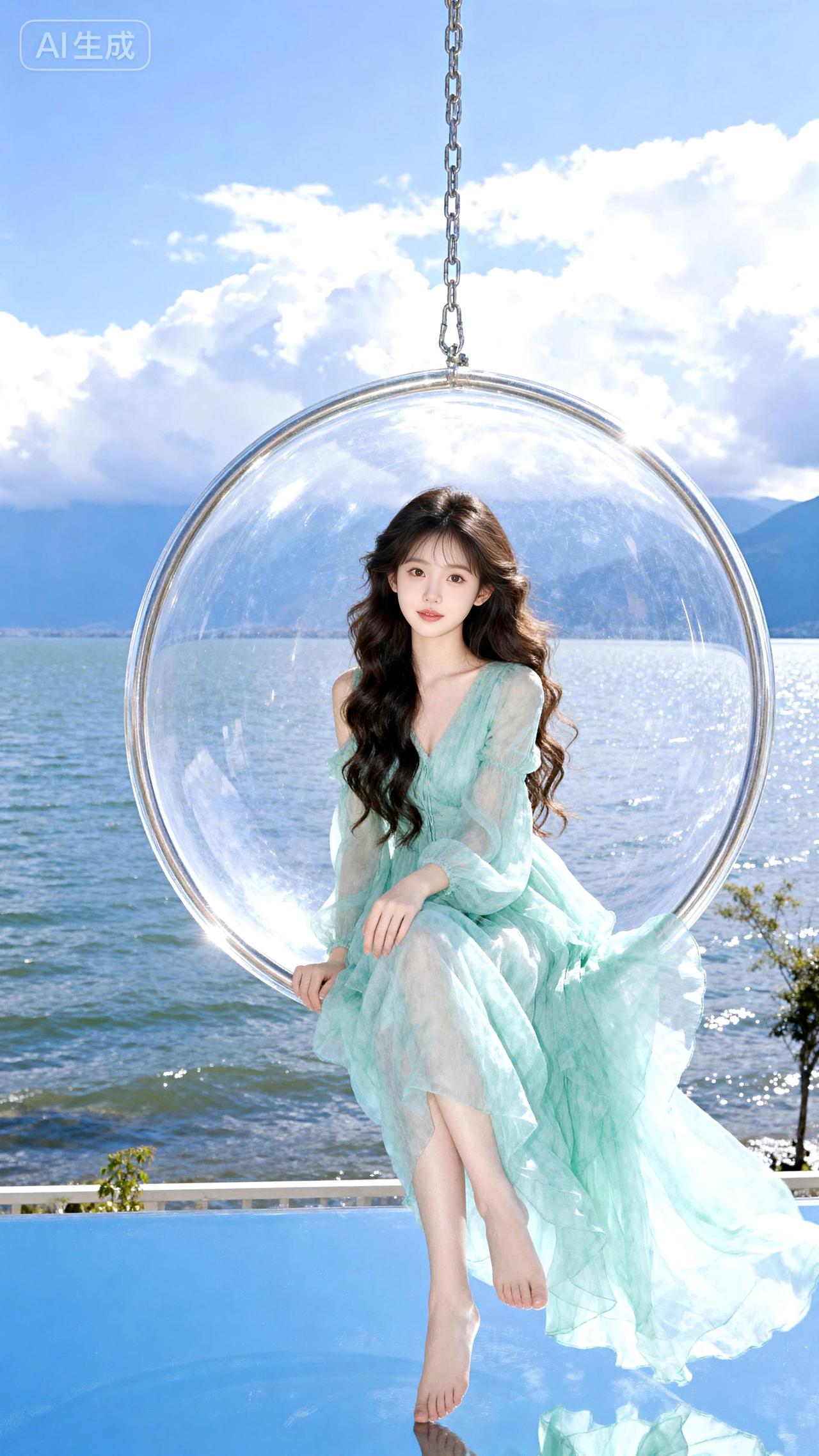 薄荷裙裁碎一襟湖风，透明吊椅栖着云与山的影，裙摆垂落处，是波光里漾开的轻梦。
壁