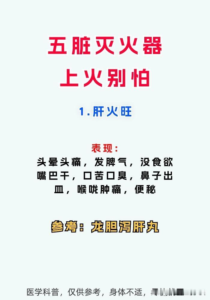 五脏灭火器上火别怕！
1、肝火旺——表现:头晕头痛，发脾气，没食欲嘴巴干，口苦口