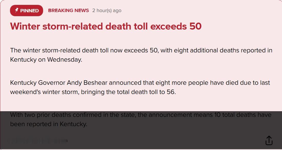 美国冬季风暴已造成超过上百人死亡

截止当地时间周三，肯塔基州报告新增8人死亡。