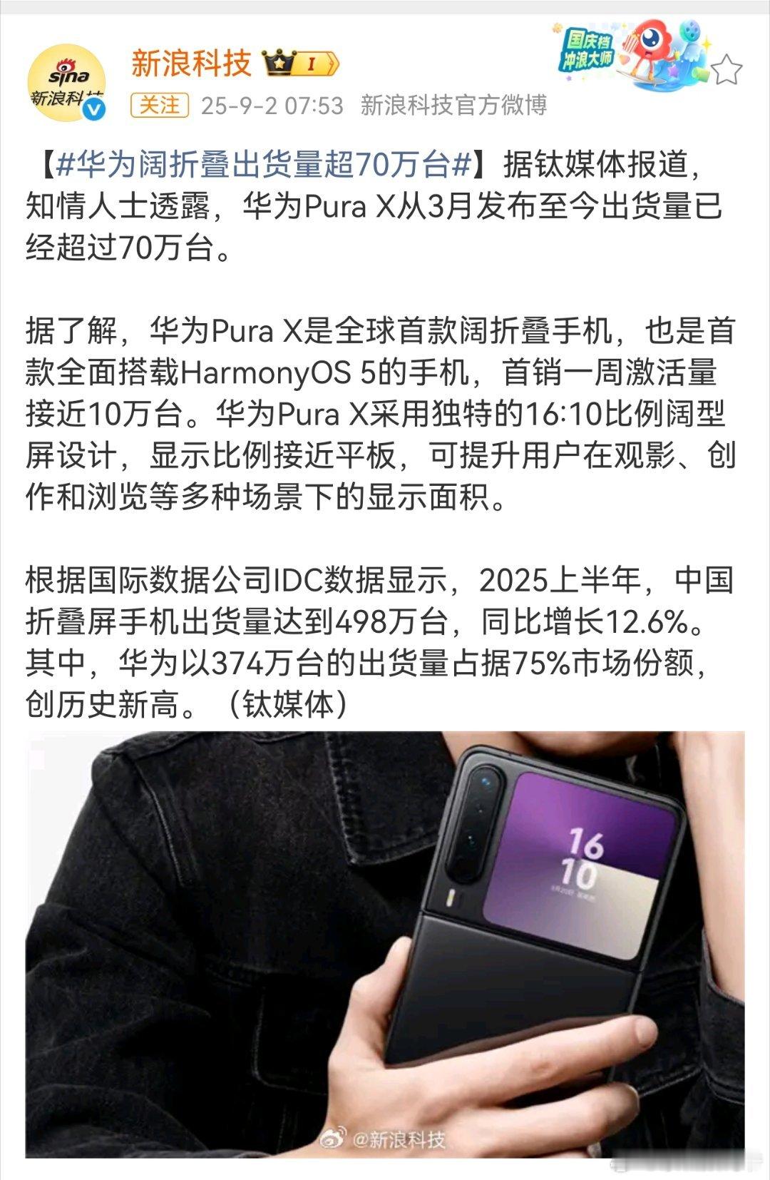 华为阔折叠出货量超70万台竟然70万台了，牛逼[good][good][good