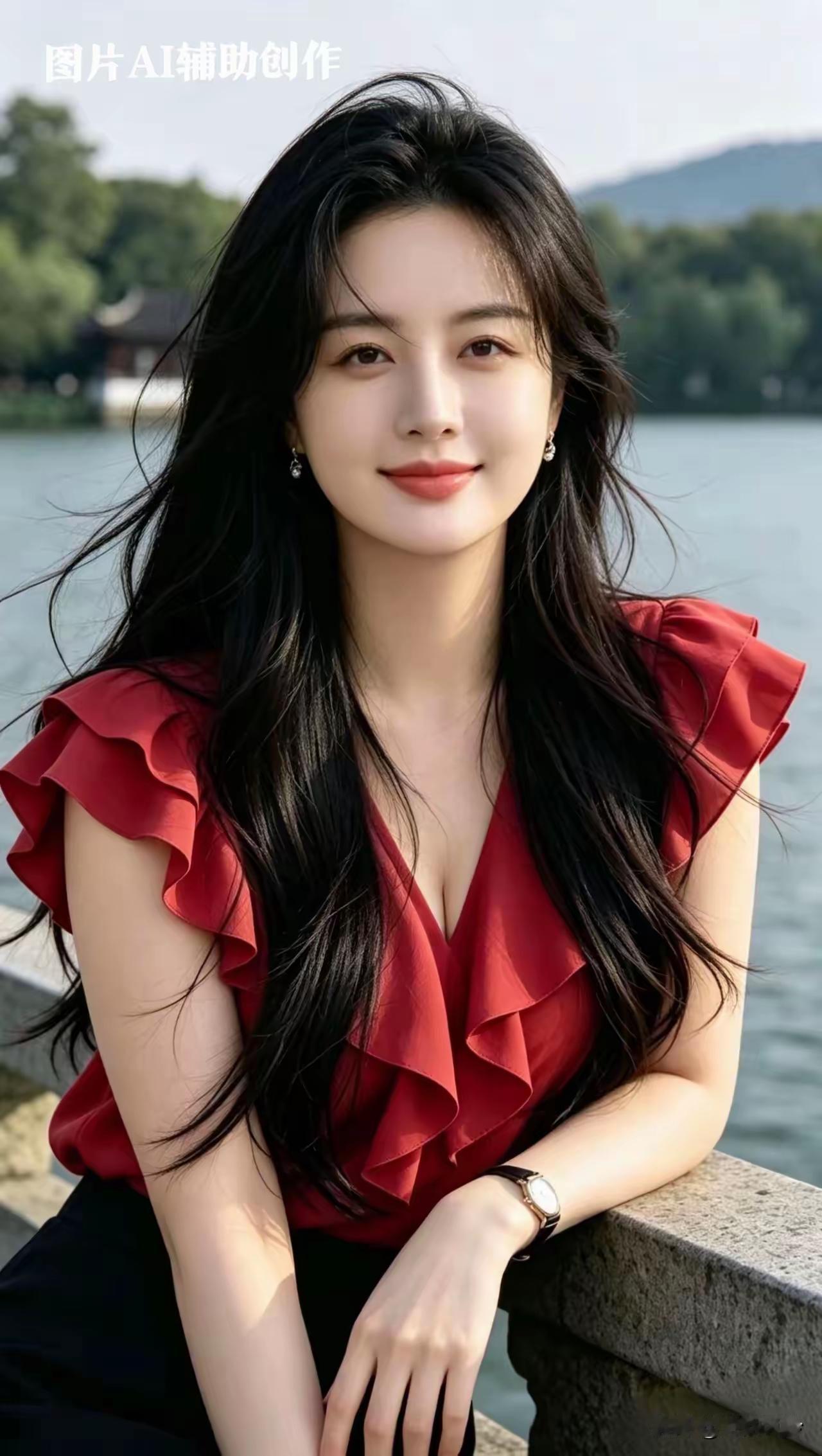 长发美女靠湖边，微笑自然。