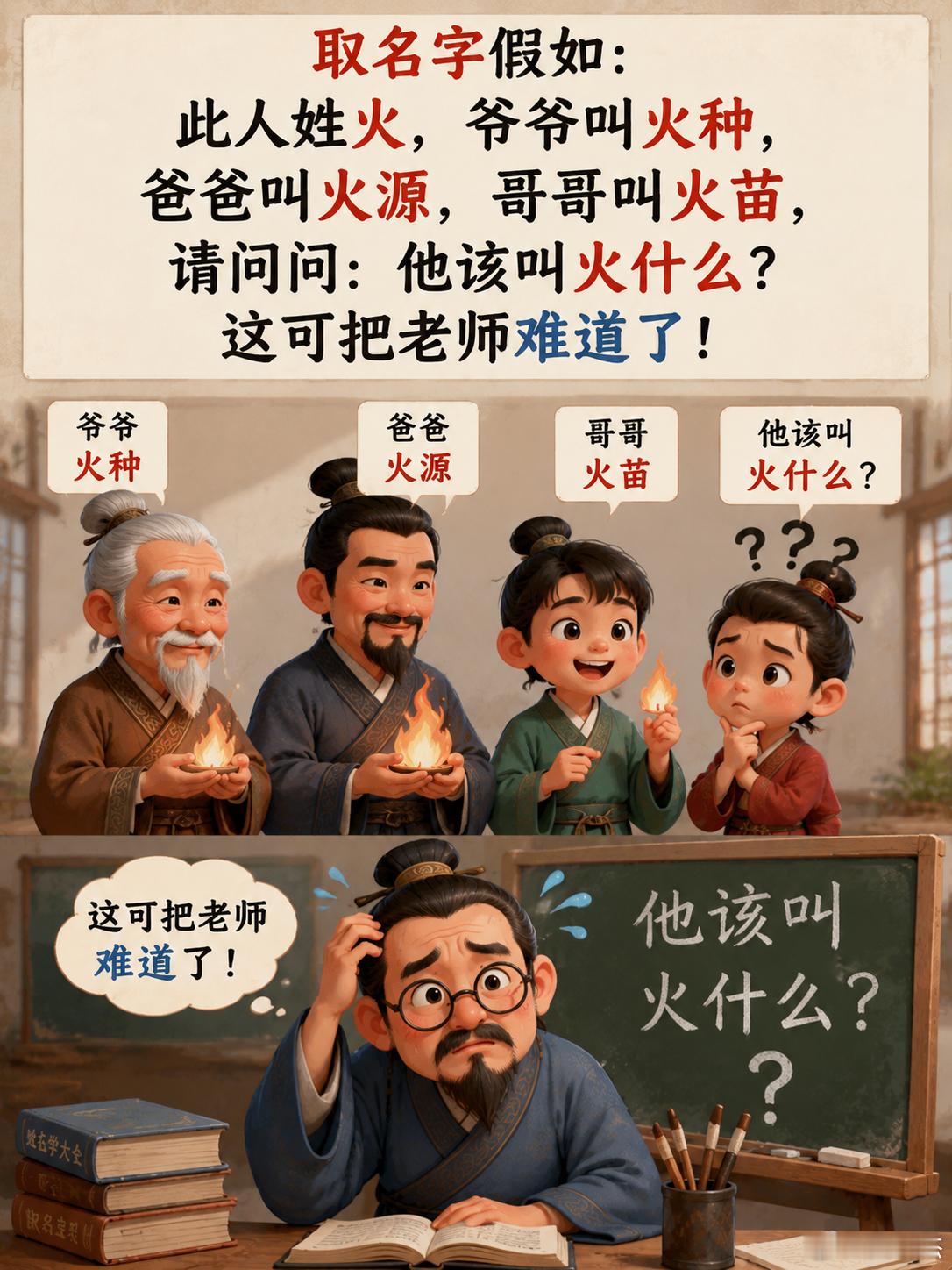 取名字,假如：此人姓火，爷爷叫火种，爸爸叫火源，哥哥叫火苗，请问问：他该叫火什么