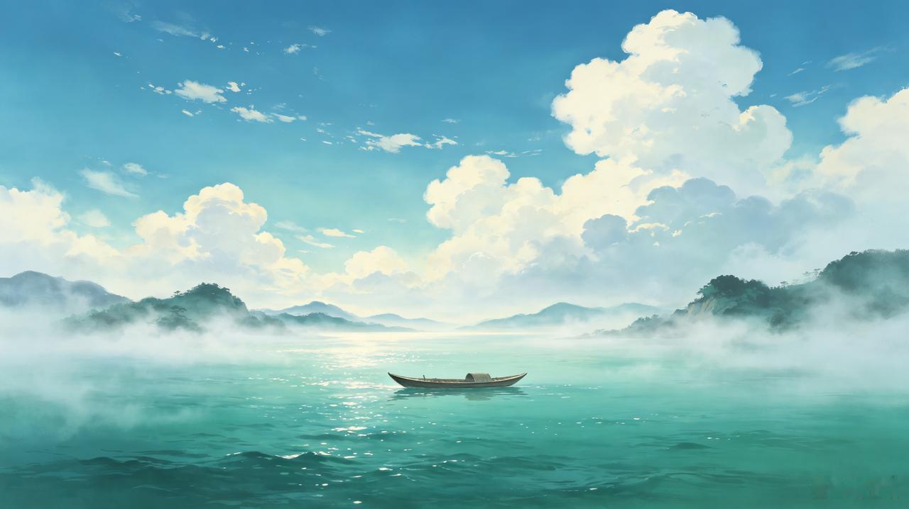 上联：碧水横舟烟景秀
下联：蓝天游云苍穹美