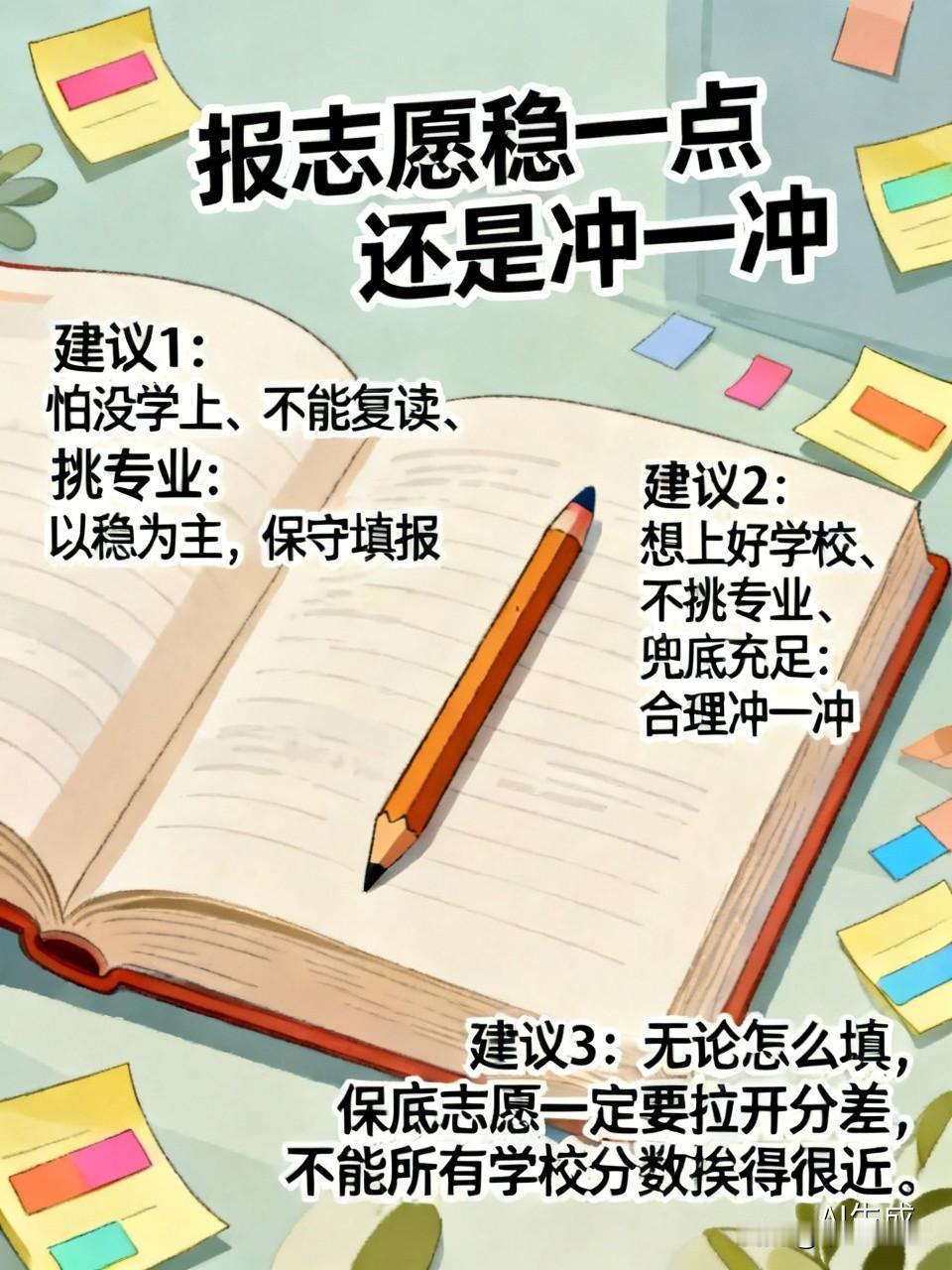 1. 怕没学上、不能复读、挑专业：以稳为主，保守填报；
2. 想上好学校、不挑专