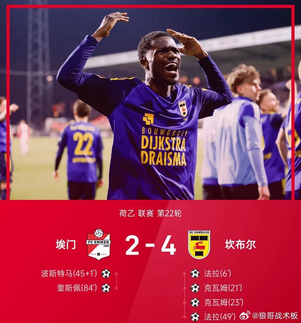 荷乙战报：克瓦姆、法拉均双响，坎布尔4-2力克埃门03月25日 25/26赛季荷