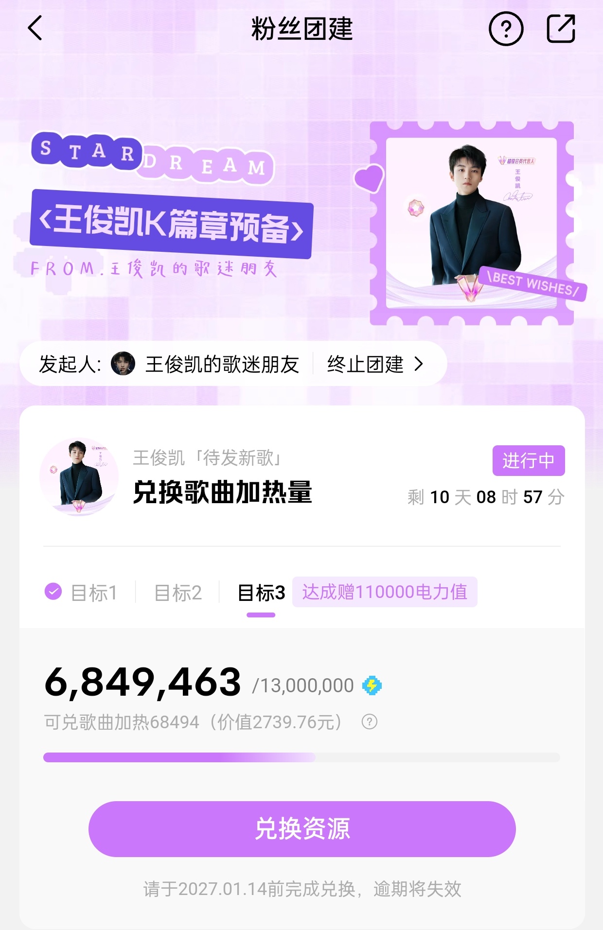 王俊凯首张同名专辑wjk 目前我们目标1已达成，额外赠送4w电力值。距离目标2还