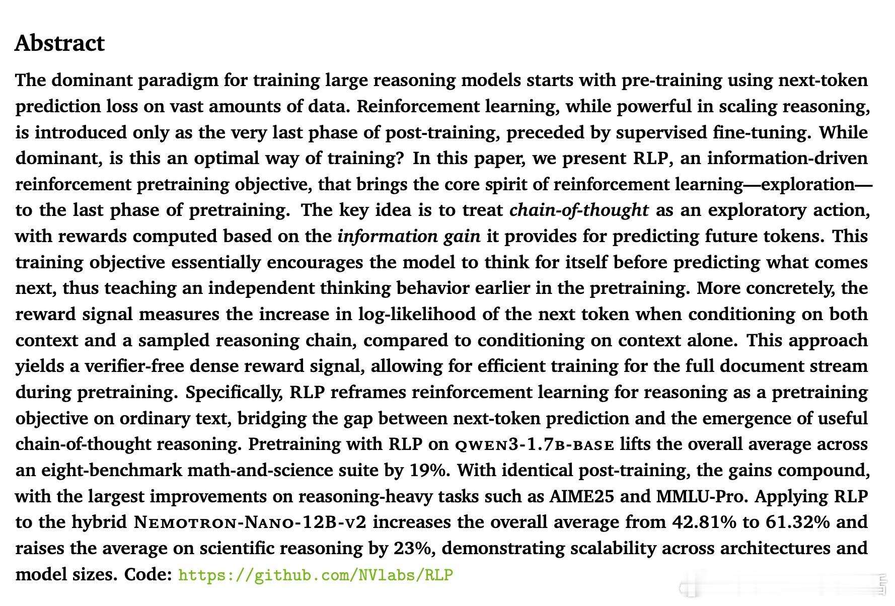 [LG]《RLP: Reinforcement as a Pretraining