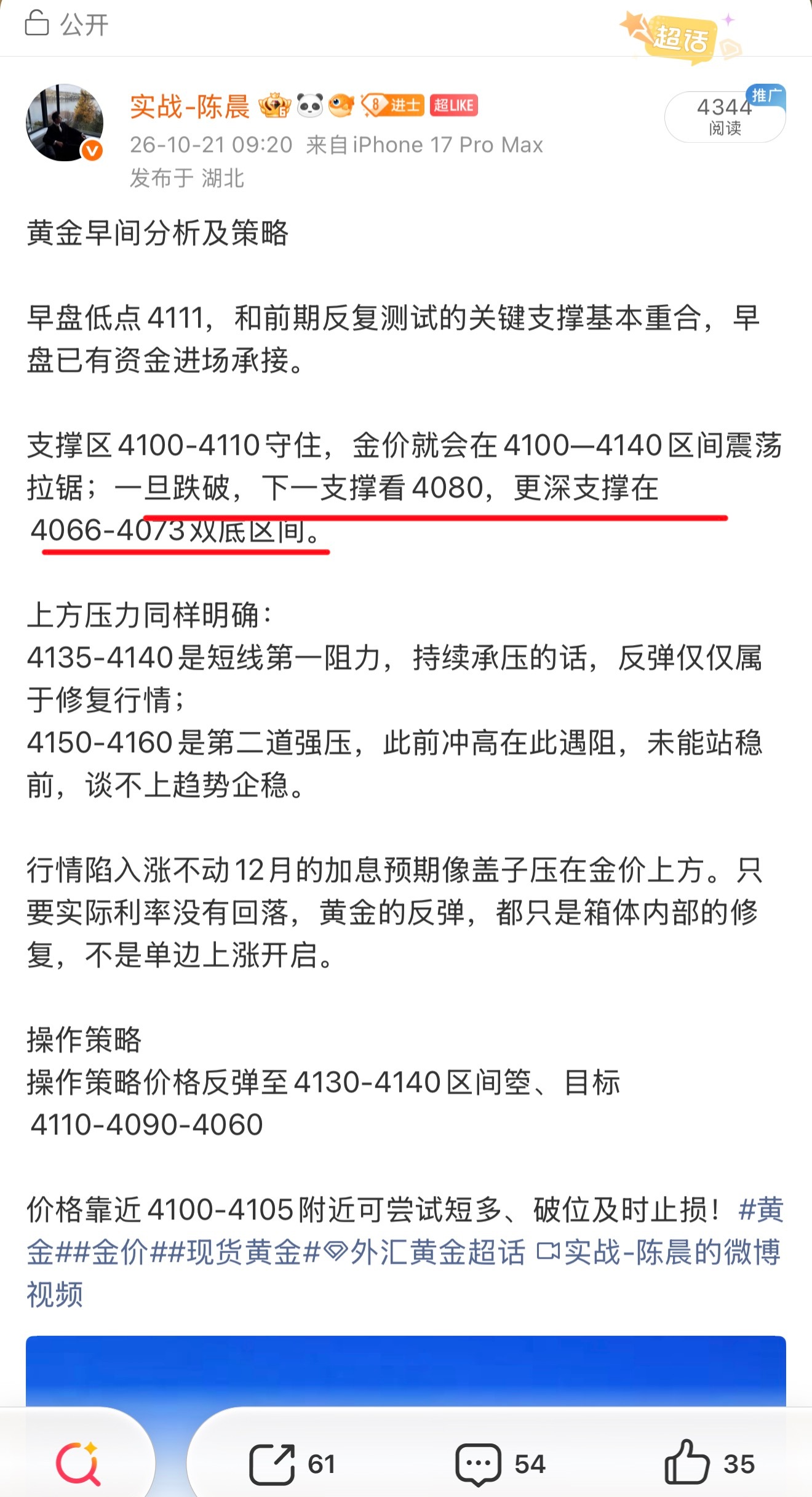 昨天早上提示过4080破了之后、后续支撑4066-4073这个双底区间、今天行情