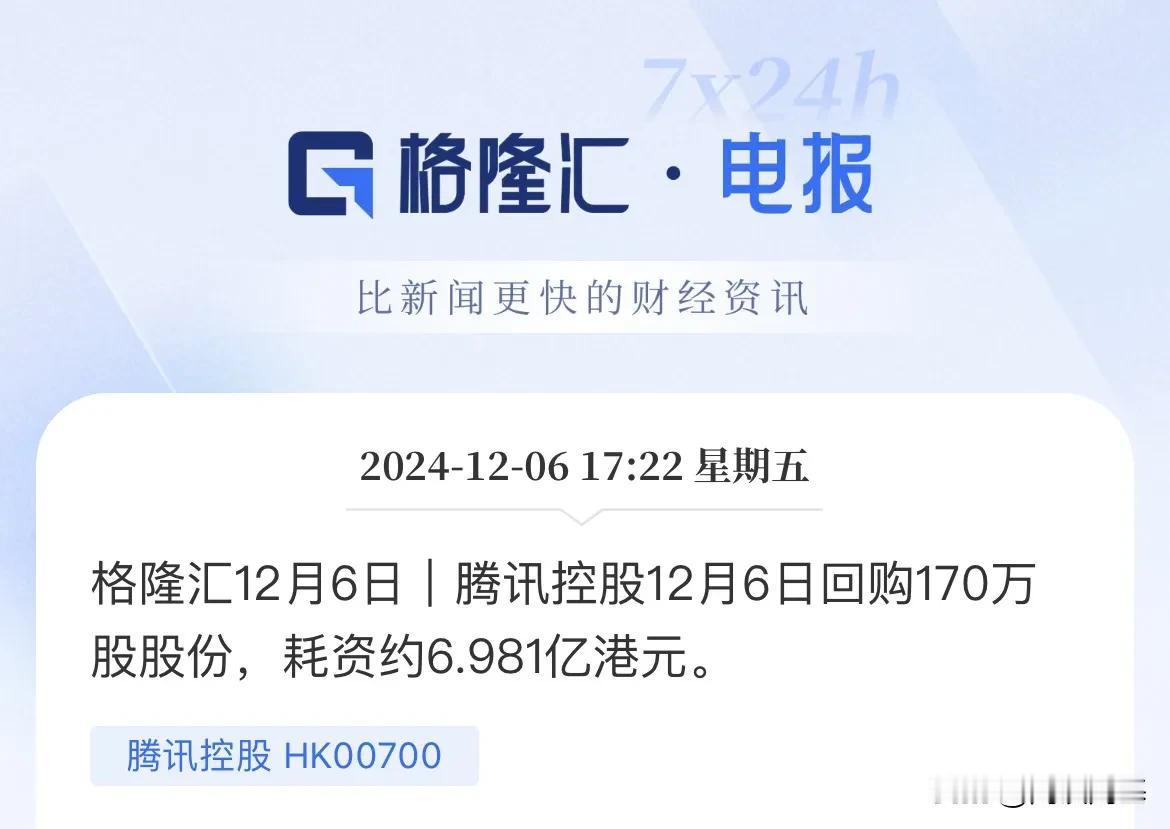 独一家！腾讯真豪气！12月第一周累计回购超35亿港元

12月份连续5个交易日回