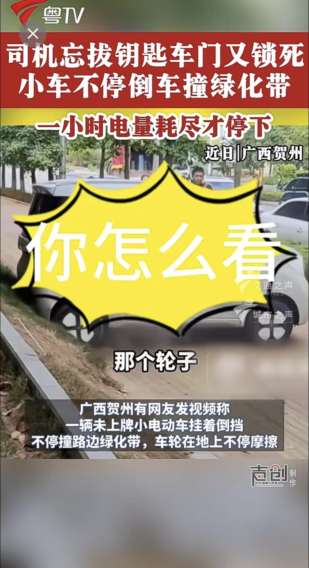 司机忘拔钥匙车门又锁死，小车不停倒车撞绿化带，一小时电量耗尽才停下