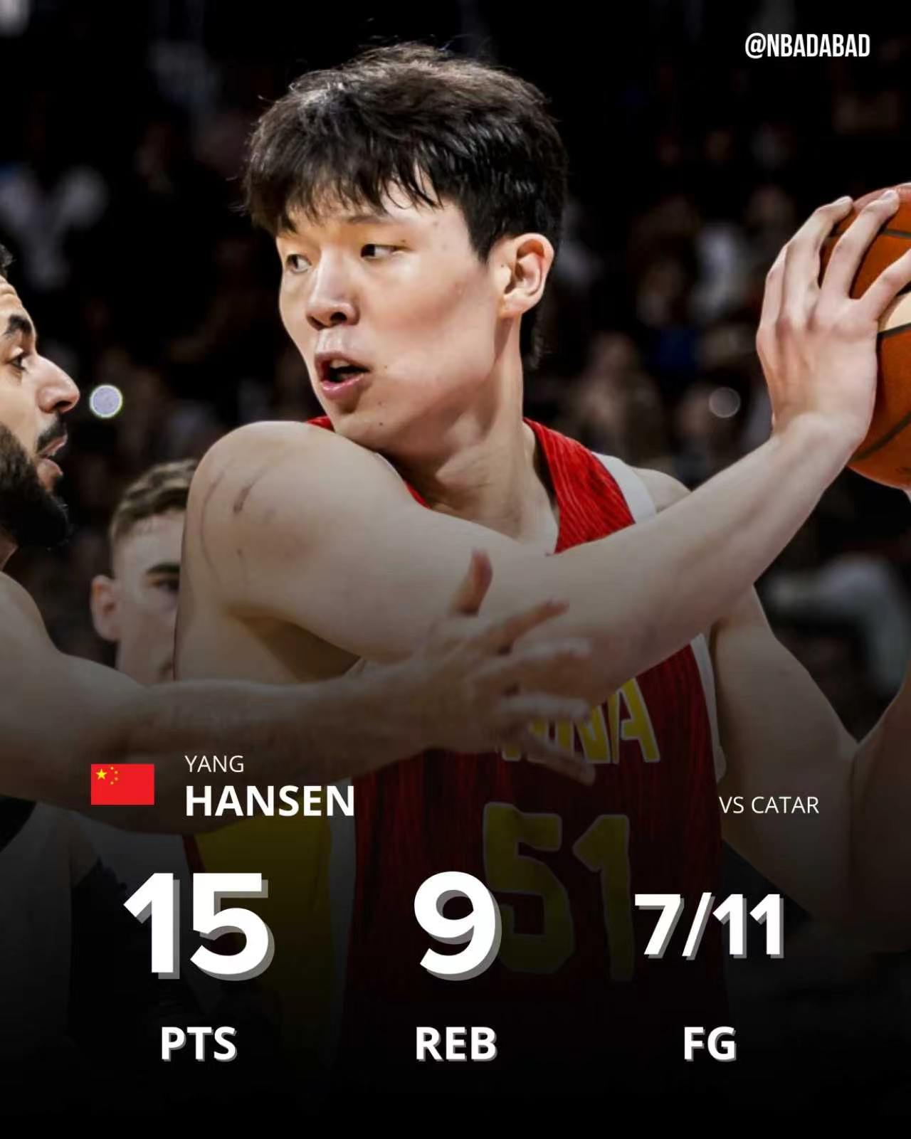 杨瀚森[超话] 杨瀚森今日资格赛数据：15分9个篮板投篮11中7三分球2中1中国