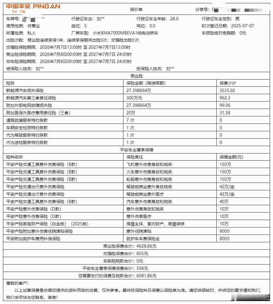 老米 SU7 Max 平安保险价格出来了，现在是第二年 ，6081 元。第一年我