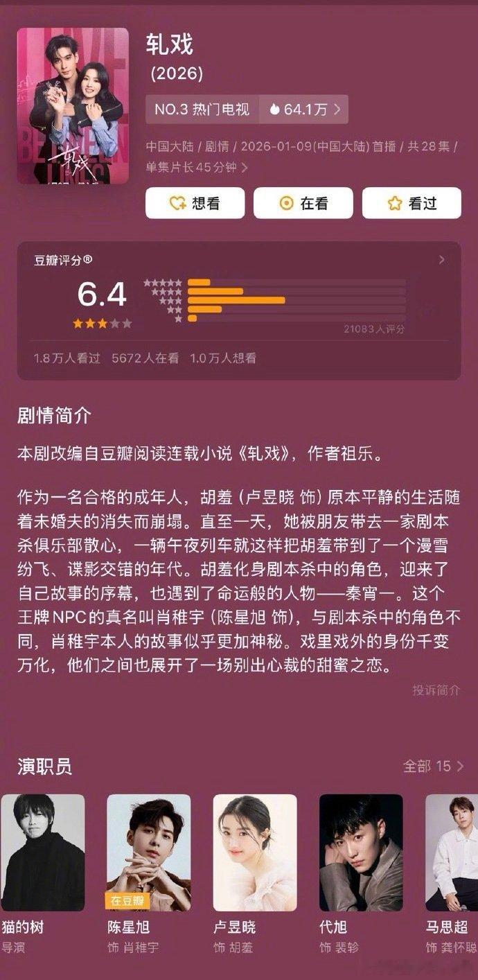 陈星旭扎戏豆瓣开分6.4卢昱晓扎戏豆瓣开分6.4 轧戏开分6.4，这个分你们觉得