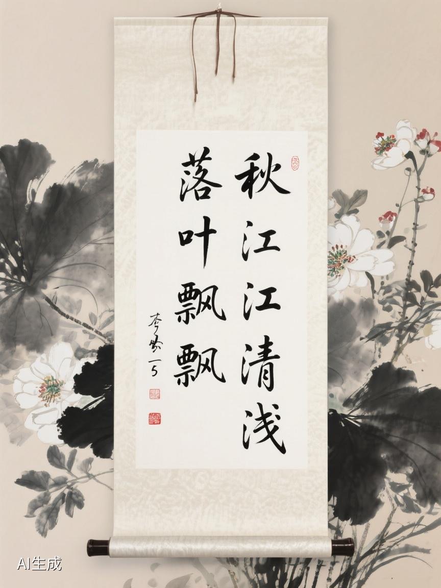 AI妙生图“落叶飘飘，秋江清浅”于柔美飘逸书法间展现，水墨百花背景添韵，尽显传统