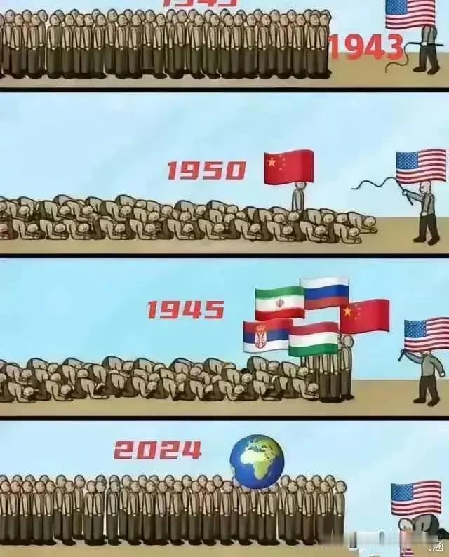 有网友发了一幅漫画，反映了美国和世界上其他国家的关系变化发展图，很有意思。

当