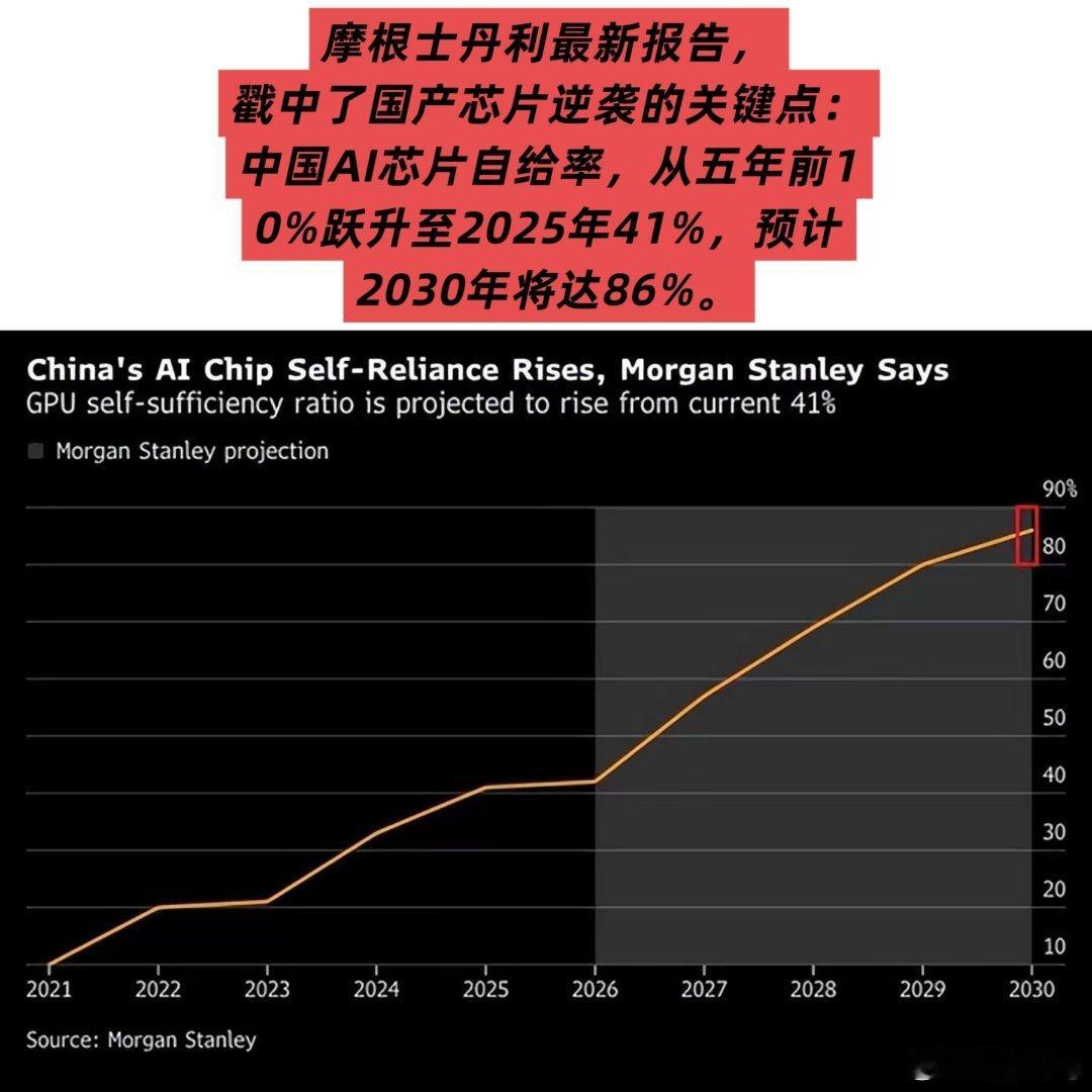 刚刚看了一组数据，中国AI芯片自给率，从五年前10%跃升至2025年41%，预计