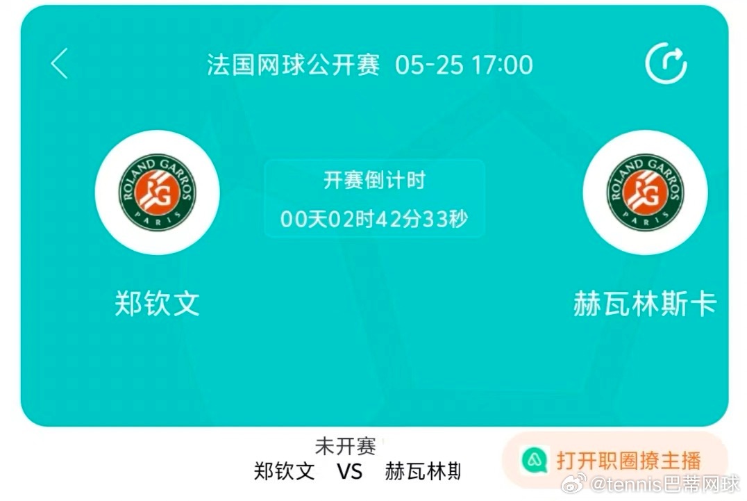 🔥法网女单第一轮直播:赫瓦林斯卡vs郑钦文 埃里亚韦茨vs莱巴金娜 琼斯vs斯