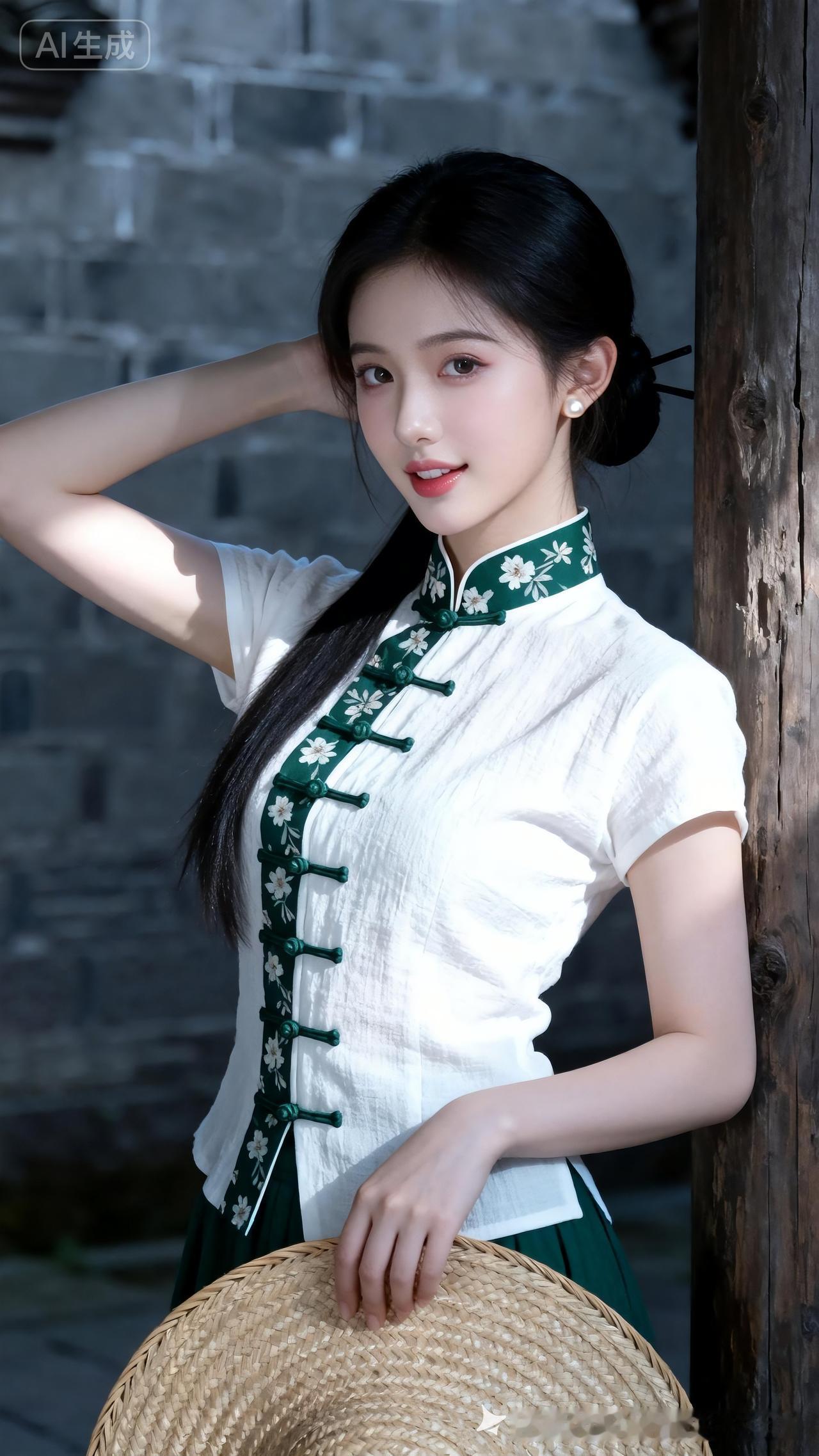冷白皮泛珍珠柔光，江南少女倚立深宅木柱，白绿碎花斜襟衫配草编斗笠，慵懒俏皮，骨相