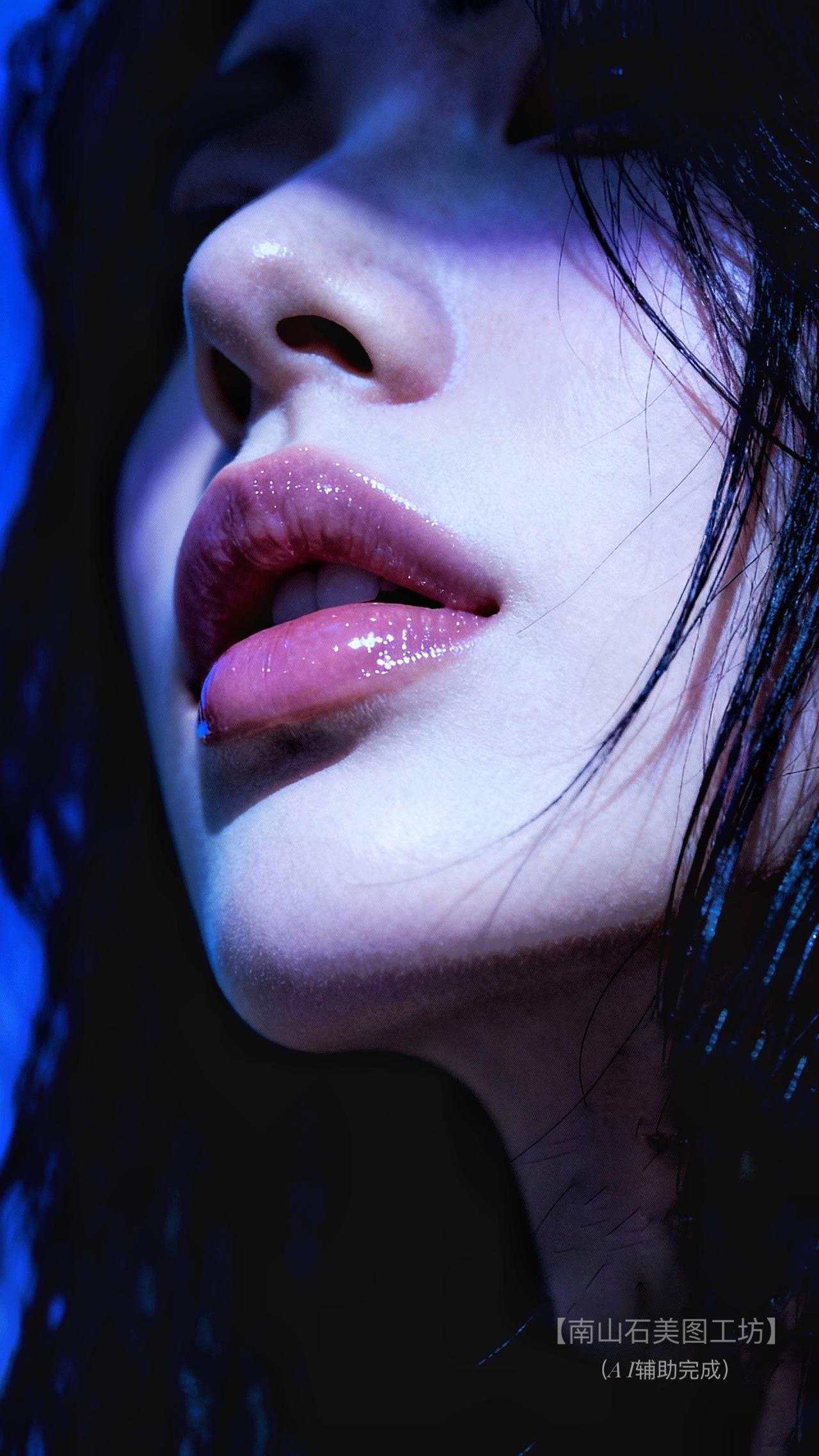 蓝调光影轻覆面庞，唇瓣晶亮若碎星凝露，发丝随呼吸漾出慵懒韵致。明暗交织间，优雅与