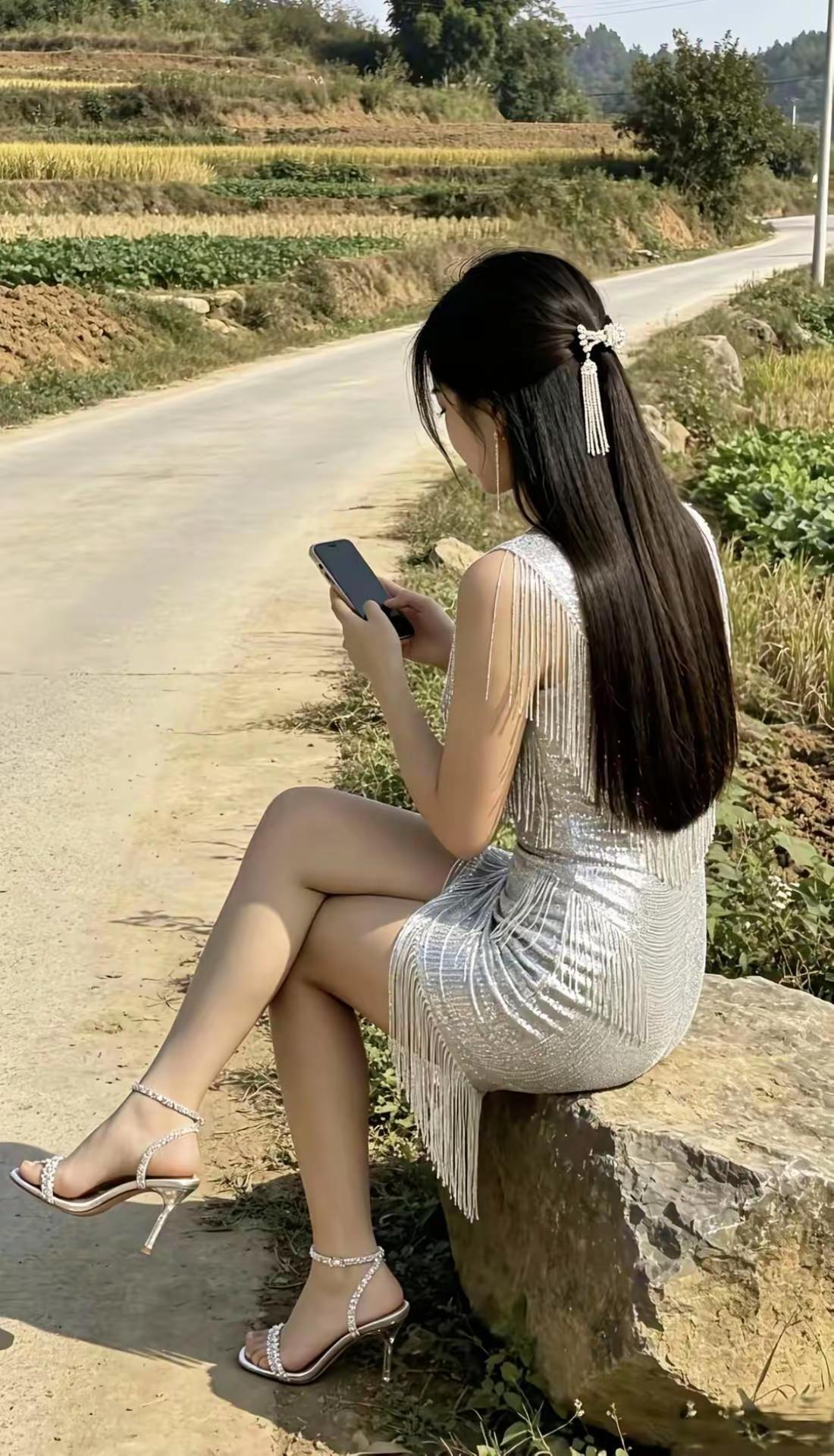 文艺少女 乡间小路自然风景