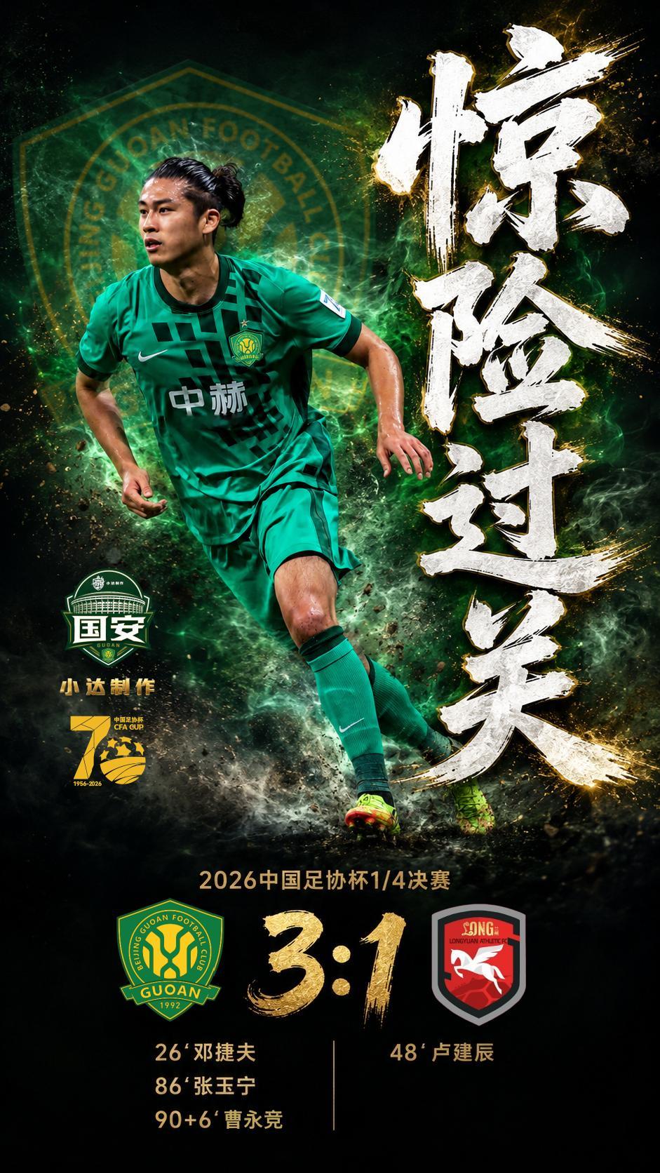 💚【足协杯·赛后海报】晋级足协杯4强主题：惊险过关说实在的，比赛看到中间，我真