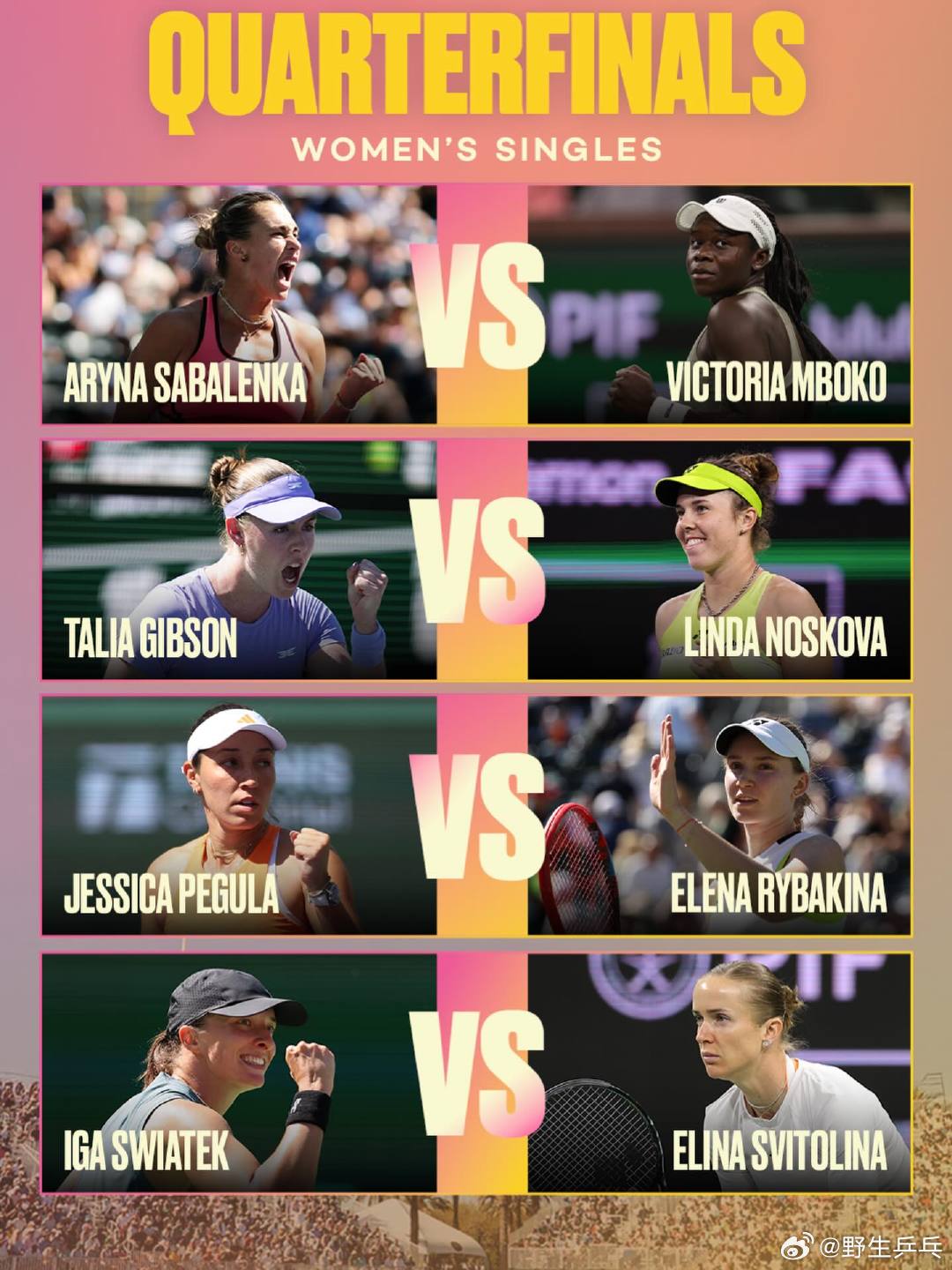 印第安维尔斯女单8强阵容 印第安维尔斯站女单第四轮，卡塔尔退赛，3号种子莱巴金娜