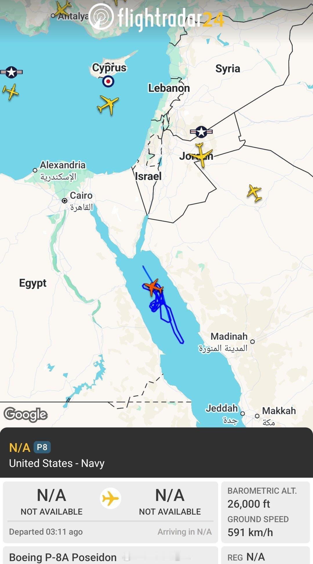 美国海军的一架 P-8A 反潜机在红海北部进行疑似搜索飞行，具体原因不明。 